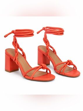 New Schutz Nicky Mid Nappa Flame Orange Strappy Leather Sandal Heels - Size 7B